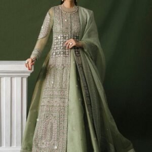 Sage Green Embroidered Net Bridal Gown 3 Piece UNSTITCHED 40% off