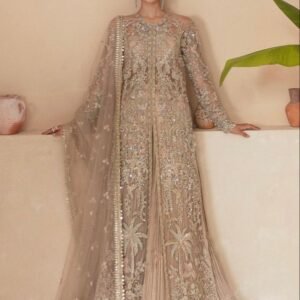Beige Gold Embroidered Net Bridal Gown 3 Piece 41% off